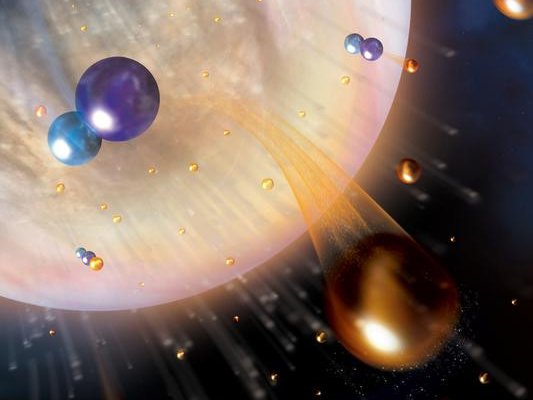 Венера сегодня сухая благодаря потере воды в космос в виде атомарного водорода. В процессе доминирующей потери ион HCO+ рекомбинирует с электроном, производя быстрые атомы H (оранжевые), которые используют молекулы CO (синие) в качестве стартовой площадки