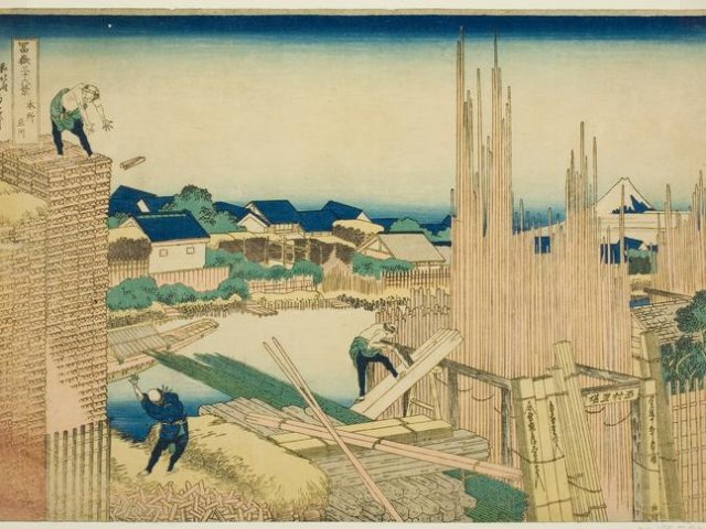 Изображение лесозаготовительных складов периода Эдо (1603-1867) с видом на гору Фудзи на расстоянии