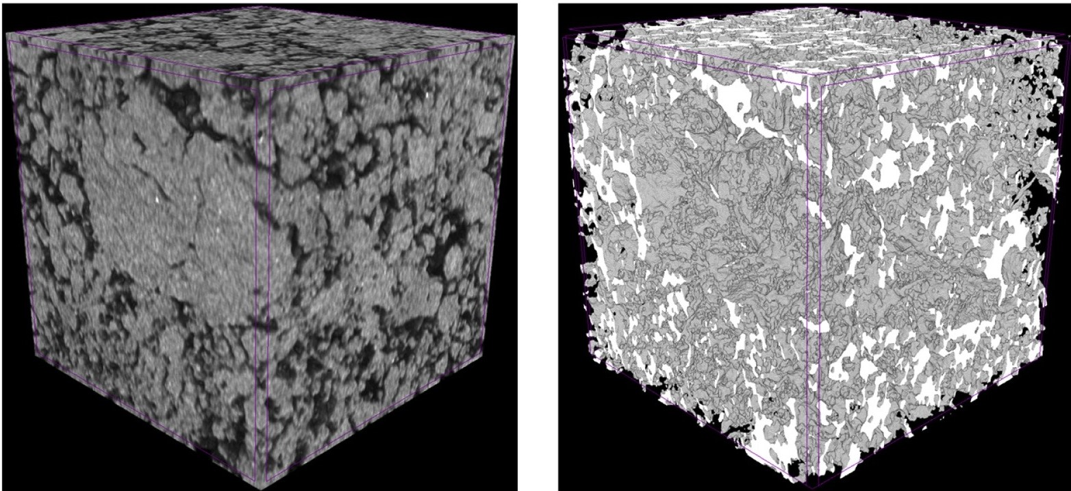Пример обработки изображений: оригинальное трехмерное изображение почвы (рентгеновская томография) и сегментированное с помощью нейронной сети.