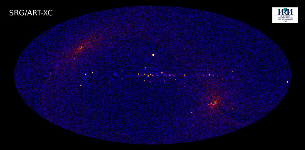 Карта неба в диапазоне энергий 4-12 кэВ, полученная учеными ИКИ РАН по данным первых 6 месяцев сканирования неба с помощью телескопа ART-XC им. М.Н. Павлинского обсерватории СРГ