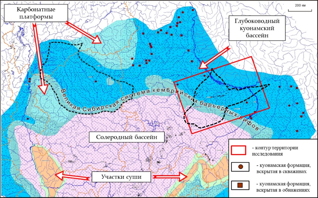 Фрагмент палеогеографической карты Лено-Тунгусской нефтегазоносной провинции. Тойонский век, ранний кембрий (под ред. А.Э. Конторовича)
