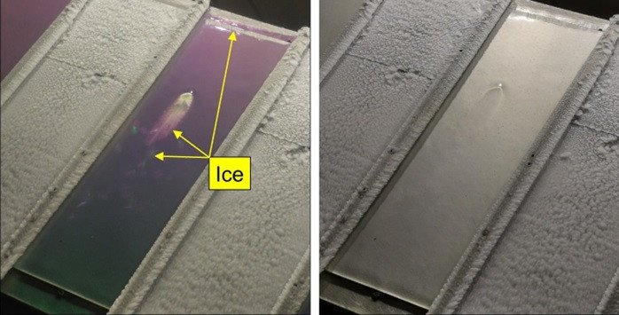 Образование льда на алюминиевой пластине в климатической камере: обледенение, обнаруженное с помощью предложенного в исследовании подхода (слева) и видимое невооруженным глазом (справа). Источник: Viktor Grishaev et al./Cold Regions Science and Technology