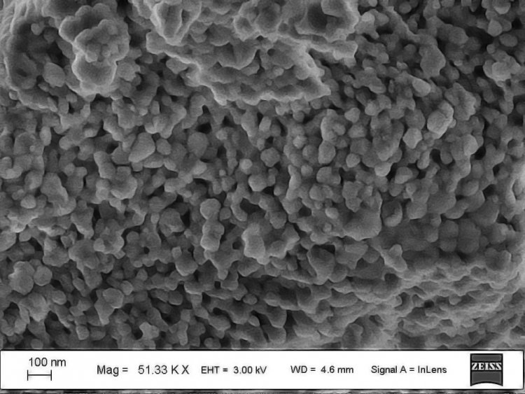 Структура диоксида гафния, сфотографированная с помощью сканирующего электронного микроскопа; масштаб — 100 нанометров. Фото: Николай Мартемьянов