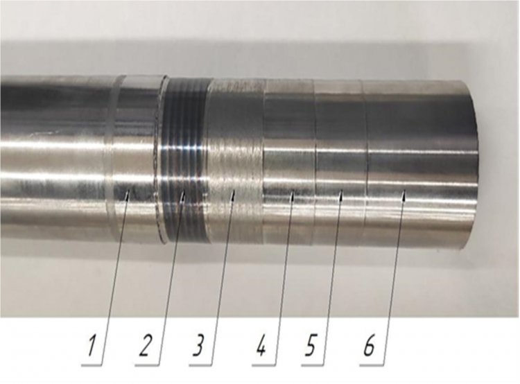 Образец для определения твердости поверхностного слоя на стали 40Х: 1 - исходный материал; 2 - обработанная поверхность; 3 - глубина обработки 0,2 мм; 4 - глубина обработки 0,4 мм; 5 - глубина обработки 0,6 мм; 6 - глубина обработки 0,8 мм