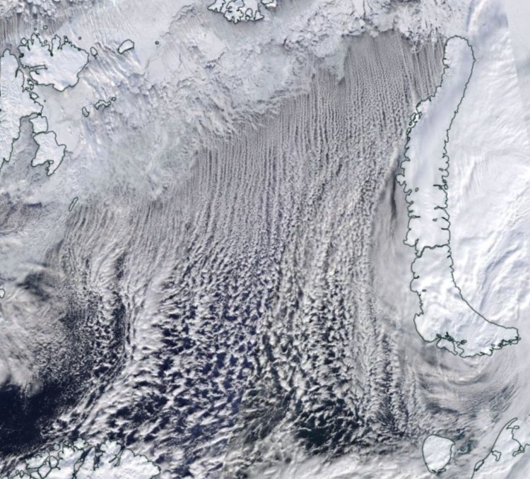 Рис. 1. Снимок со спутника MODIS во время холодного вторжения над Баренцевым морем 16 марта 2023 года. Источник: NASA Worldview