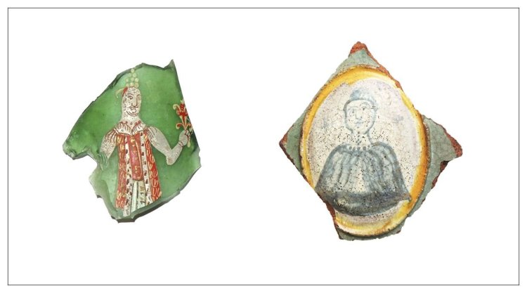 Слева направо: фрагмент стеклянного сосуда с многоцветной росписью, женский «портрет» на рельефном полихромном печном изразце, XVIII в. Источник фото: Институт археологии РАН