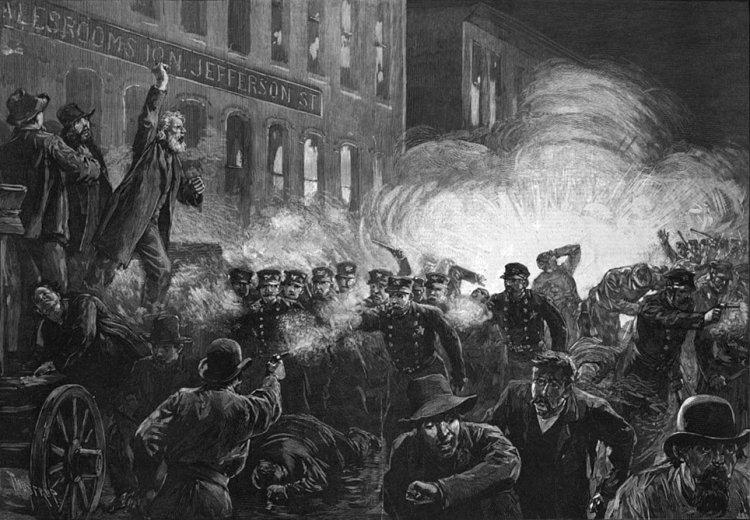 Гравюра, посвященная митингу на площади Хеймаркет, 1886 г.Источник: Wikimedia Commons