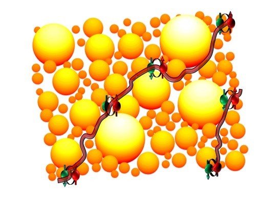 РИСУНОК 1: Сверхпроводящий поток (красные трубочки) проходит через пустоты между электронными кристаллами (желтые пузыри). Источник: RICMASS