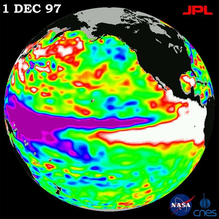 Эль-Ниньо, наблюдавшееся в 1997 году спутником TOPEX/Poseidon, в рамках совместной миссии NASA (США) и французского космического агентства CNES 