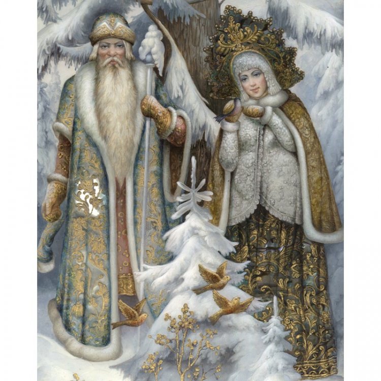 Дед Мороз и Снегурочка в зимнем лесу. 