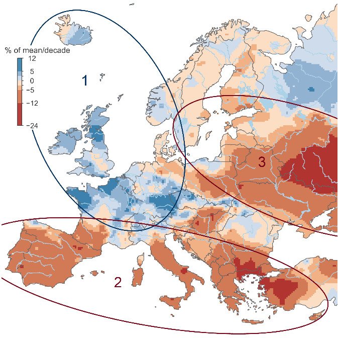 Изображение авторов исследования. Источник: Günter Blöschl et al. Changing climate both increases and decreases European river floods.2019, Nature. DOI: 10.1038/s41586-019-1495-6