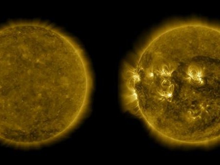 Солнце в ультрафиолетовом диапазоне, снятое Обсерваторией солнечной динамики НАСА, в два периода: во время недавнего солнечного минимума, примерно в 2019 году, и в предшествовавший ему период максимальной солнечной активности. Фото: NASA/SDO/Joy Ng