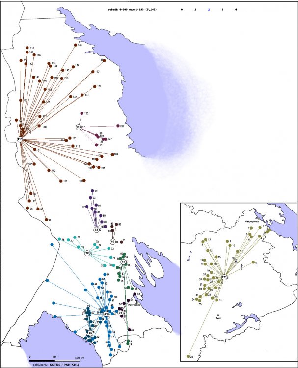 Кластерная карта диалектов карельского языка: второй уровень кластеризации сводной карты, основанной на материалах  «Диалектологического атласа карельского языка»