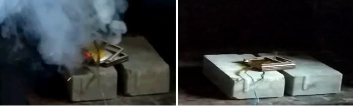 Возгорание незащищенного аккумулятора при коротком замыкании, вызванном протыканием гвоздем (слева). Защищенный аккумулятор остается целым даже при сквозном повреждении (справа). Источник: Олег Левин