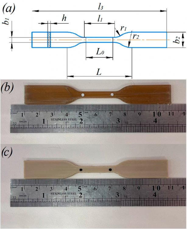 Геометрия стандартного образца для испытания на растяжение. Образец PEEK без (b) и с (c) термической обработкой