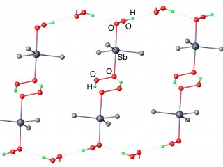 Фрагмент кристаллической структуры дигидропероксида триметилсурьмы с двумя типами водородно-связанных мотивов. Источник - Александр Медведев