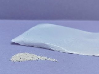 Образец новой мембраны и порошок гидроксиапатита. Фото: Ксения Мешина / СПбГУ