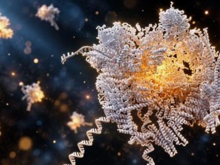 Иллюстрация трехмерной структуры транс-сплайсинга — молекулярной машины, ответственной за ключевой этап созревания мРНК у трипаносоматид. Фото: Théo Nadenoen / University of Liège
