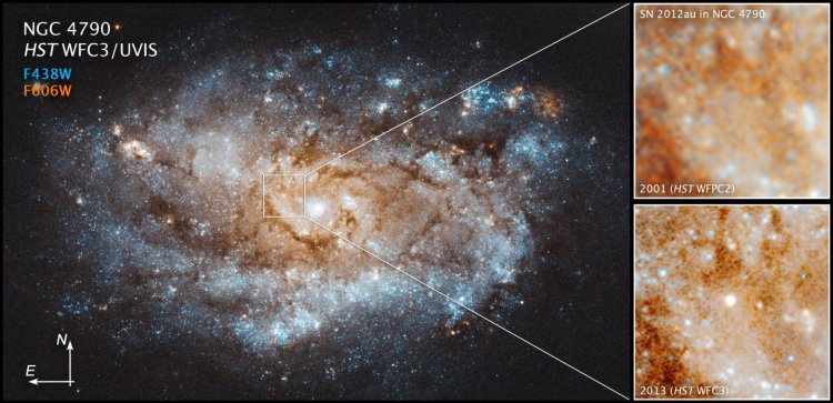 Астрономы объяснили, почему сверхновая SN 2012au вновь загорелась после первой вспышки шесть лет назад