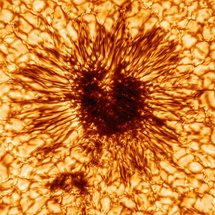 Изображение солнечного пятна, окруженного грануляцией (снимок Солнечного телескопа Даниэля К. Иноуэ, январь 2020)