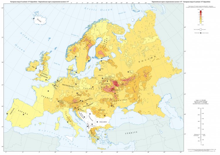 Карта суммарного загрязнения местности цезием-137 [Атлас загрязнения Европы цезием после Чернобыльской аварии, 1998]