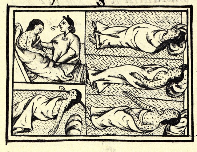 Сопроводительные рисунки к тексту из Флорентийского кодекса (1540—1585 гг.): индеец науа страдает от оспы (эпоха завоеваний испанцами центральной Мексики). Неизвестный автор. Источник: en:Bernardino de Sahagún / Общественное достояние / Wikipedia