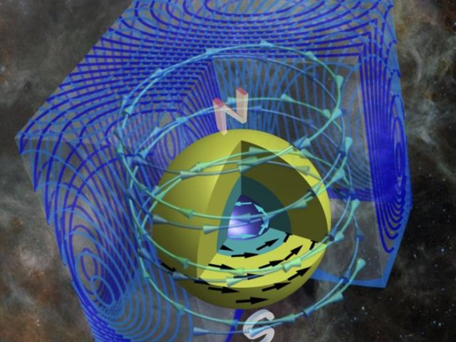 Иллюстрация внутренних областей массивной звезды во время заключительной фазы горения кислородной (зеленый) и кремниевой (бирюзовый) оболочек, перед коллапсом железного ядра (индиго). Фото: KyotoU / Lucy McNeill