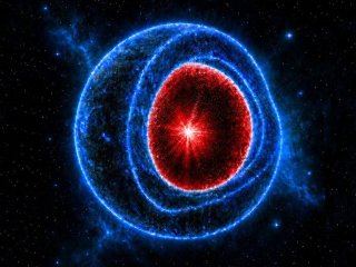 Расширяющаяся мини-вселенная могла бы уравновесить сжимающуюся материю звезды, тем самым создав стабильную гравизвезду. Фото: Daniel Jampolski and Luciano Rezzolla, Goethe University Frankfurt