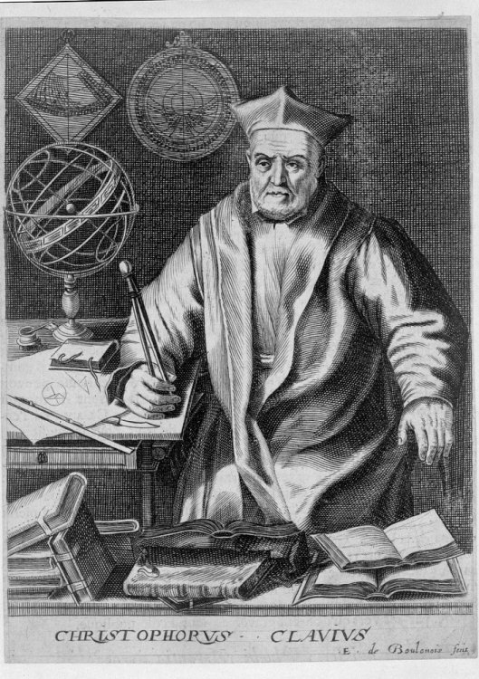 Христофор Клавиус с циркулем в правой руке, армиллярной сферой на столе рядом с ними астролябией на стене. Изображение сделано в 1609 году Франческо Вилламеной, ведущим гравером в Риме