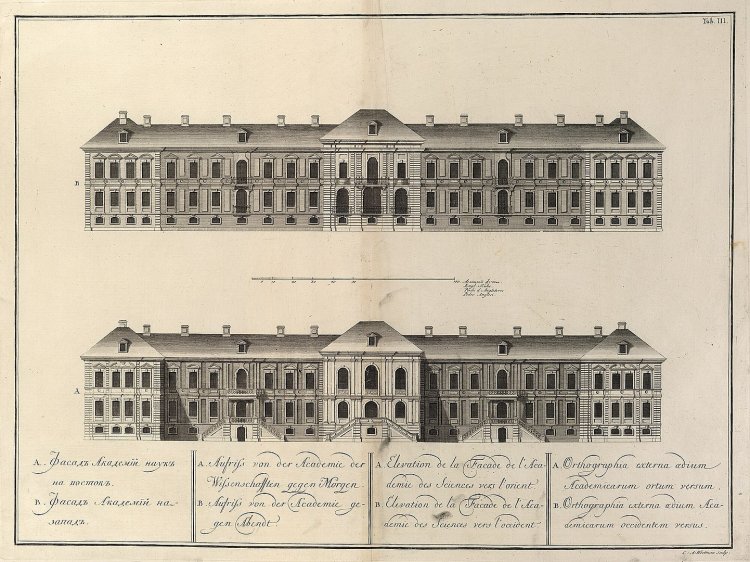 Фасад исторического здания академии наук в Санкт-Петербурге, 1741 г. 