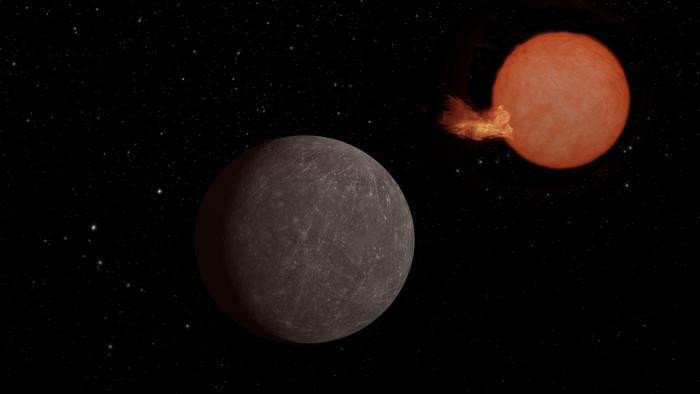 Взгляд художника на экзопланету SPECULOOS-3b, вращающуюся вокруг своей звезды. Планета размером с Землю, в то время как ее звезда немного больше Юпитера, но гораздо массивнее