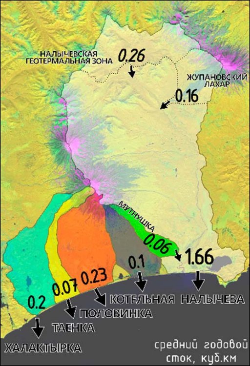 Схема притоков и годовой сток в Авачинский залив. Разными цветами показаны разные водосборы рек-притоков