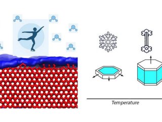 Слева: схема предплавления плёнки на молекулах льда с участием фигуриста. Справа: изменения в структуре кристаллов льда при повышении температуры. Фото: Luis G. MacDowell / American Institute of Physics