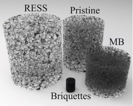 Иллюстрация различия в плотности между одностенными углеродными нанотрубками, использованными в исследовании: RESS — распушённые, pristine — исходной плотности, briquettes — уплотнённые в брикеты, MB — концентрат трубок, заранее диспергированных в полимере. Масса цилиндров одинаковая. Источник: Хассаан Батт и др./Carbon