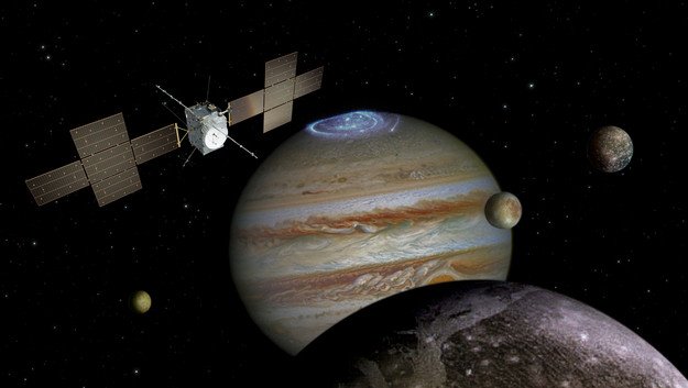 Аппарат: ESA / ATG medialab; Юпитер: NASA / ESA / J. Nichols (University of Leicester); Ганимед: NASA / JPL; Ио: NASA / JPL / University of Arizona; Каллисто и Европа: NASA / JPL / DLR