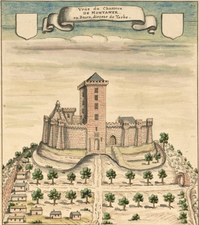 Замок Монтане,  в XIV в. принадлежавший графу Гастону III де Фуа. Гравюра Луи Будана. Источник: Общественное достояние / Wikipedia