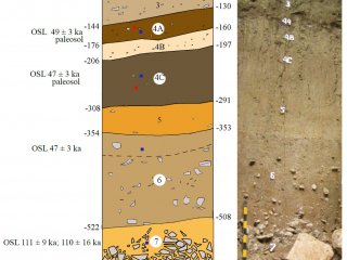 Фотография и схема расположения слоев отложений разного возраста на стоянке Хаджох-2. Источник: Doronicheva et al. / Journal of Archaeological Science: Reports, 2022