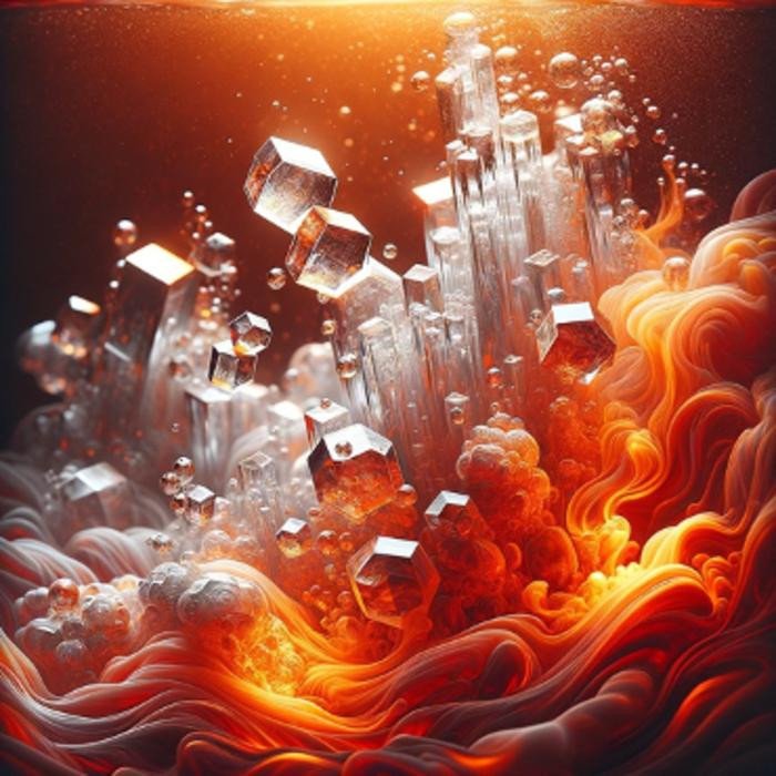 Иллюстрация кристаллов кремнезема, выходящих из жидкого металла внешнего ядра Земли в результате химической реакции, вызванной водой.