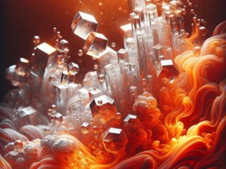Иллюстрация кристаллов кремнезема, выходящих из жидкого металла внешнего ядра Земли в результате химической реакции, вызванной водой.