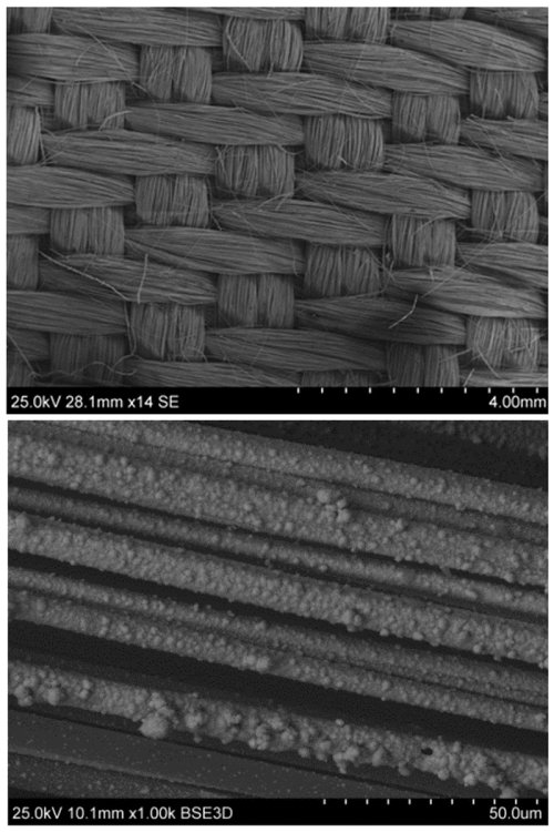 Микрофотографии фильтрующего материала, полученные с помощью электронного микроскопа (сверху вниз: в четырнадцатикратном и тысячекратном увеличении). Автор фото: Елена Абрамовна Фарберова