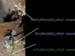 Эволюция минералов группы иванюкита: свободные частицы в одной пробе, рудник Коашва, Хибины. Образец из частного собрания ВНИ (на исследовании)
