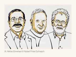 Нобелевская премия по физике, 2022. Ален Аспе, Джон Френсис Клаузер и Антон Цайлингер. Иллюстрация: Niklas Elmehed © Nobel Prize Outreach