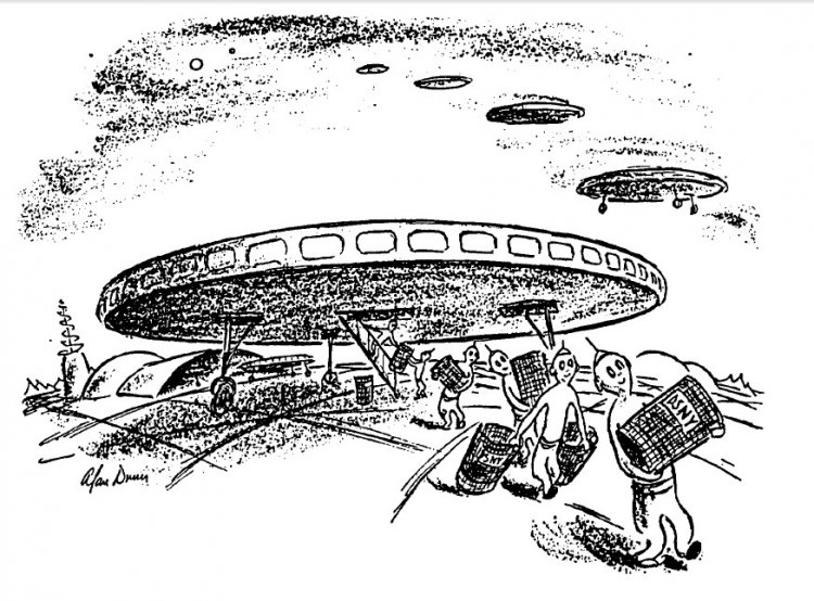 Инопланетяне воруют урны с улиц Нью-Йорка. Художник Алан Данн для журнала The New Yorker, 1950 г.Источник: Своими словами
