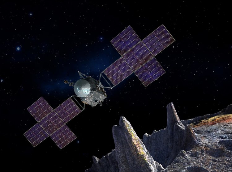 Художественное изображение аппарата Psyche вблизи металлического астероида Психея. Автор: Peter Rubin. Источник: NASA / JPL-Caltech / Arizona State Univ. / Space Systems Loral / Wikipedia