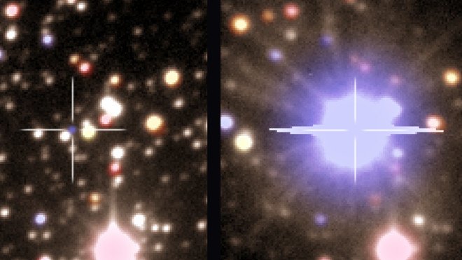 Везение астрономов: двойную звезду сфотографировали перед взрывом и сразу после