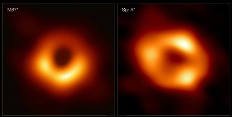 Сравнение двух изображений: первой в истории сфотографированной черной дыры (2019 г.) в галактике M87 и снимка сверхмассивной черной дыры Стрелец A* в нашей Галактике. На снимках запечатлен свет, искривленный мощной гравитацией черных дыр. Источник фото: Event Horizon Telescope. 