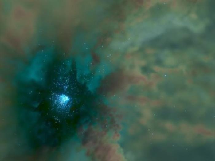 Звездное скопление, образующееся в гигантском молекулярном облаке, воспроизведенном с помощью моделирования. Это изображение основано на моделировании. Синие точки представляют отдельные звезды. Фото: Michiko Fujii and Takaaki Takeda. 2024