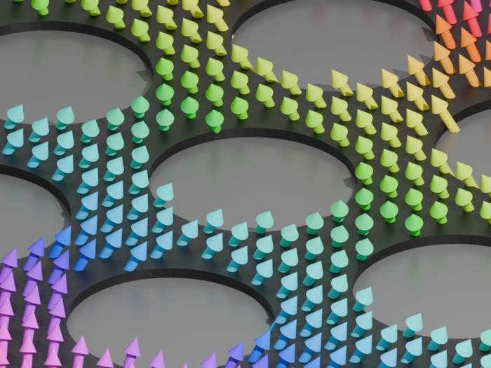 Спиновые волны на тонкой пленке с отверстиями, расположенными в виде шестиугольника. Фото: Bobby Kaman / University of Illinois Grainger College of Engineering