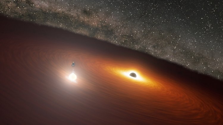 Рисунок, иллюстрирующий прохождение малой черной дыры через аккреционный диск большой в двойной системе сверхмассивных черных дыр. Источник: R. Hurt (NASA/JPL) & Abhimanyu Susobhanan (Tata Institute of Fundamental Research)