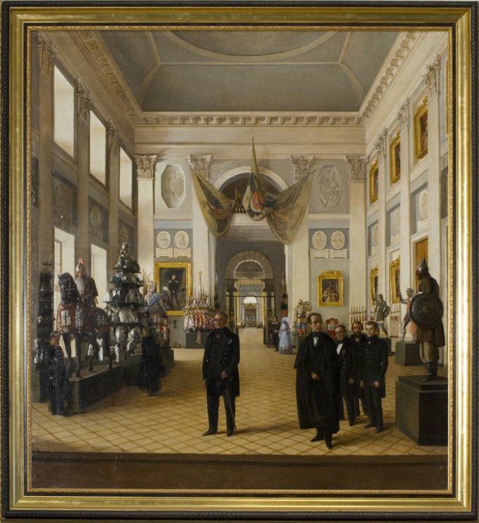 Бурдин Н. А. Оружейная палата в Кремле. Групповой портрет сотрудников во главе с М. Н. Загоскиным и А. Ф. Вельтманом (1846 год)